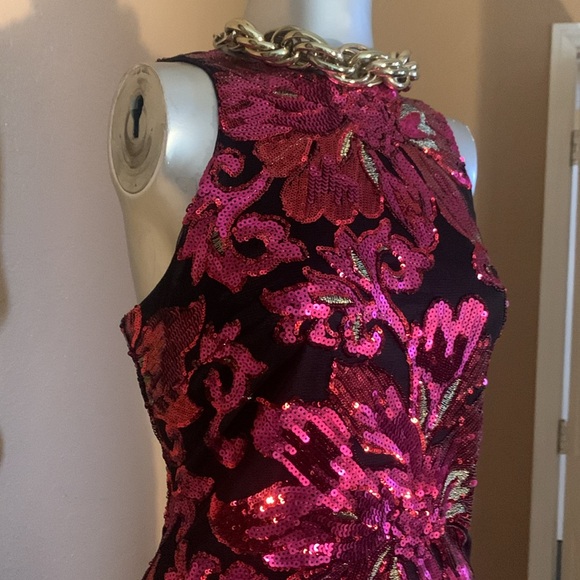 CACHE Black Pink Sequin High Neck Cocktail Dress.  Sz M - Picture 5 of 6
